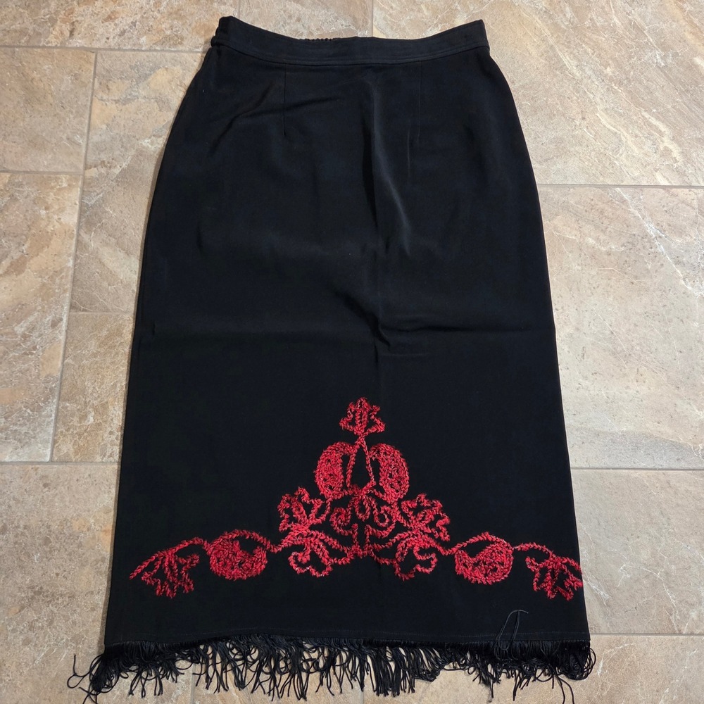 New Frontier Vintage Western Black Maxi Skirt Red Embroidery Fringe Large USA